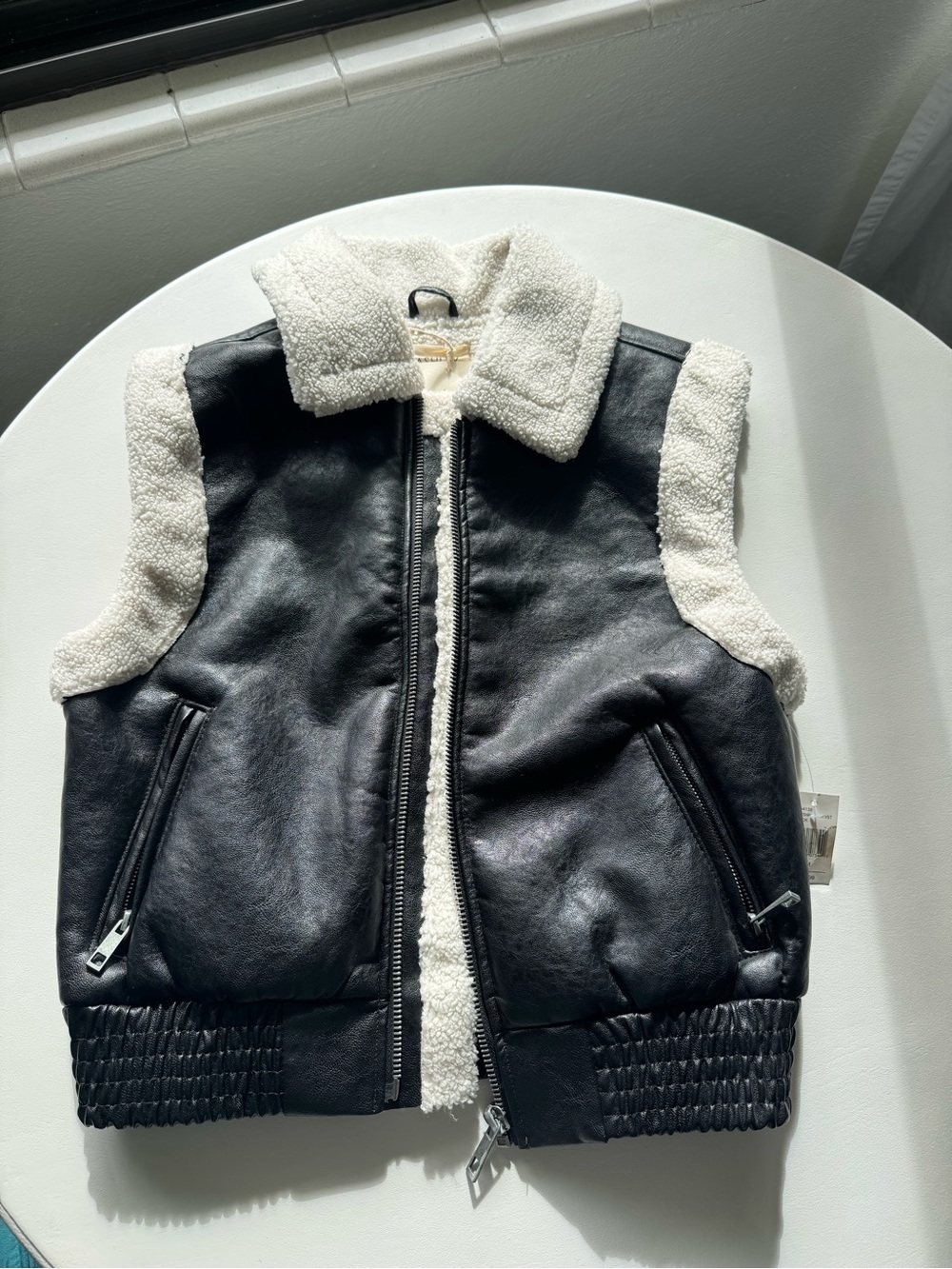 BOOT BARN Women's Black Faux Leather Sherpa-Trim Vest with Cream Collar